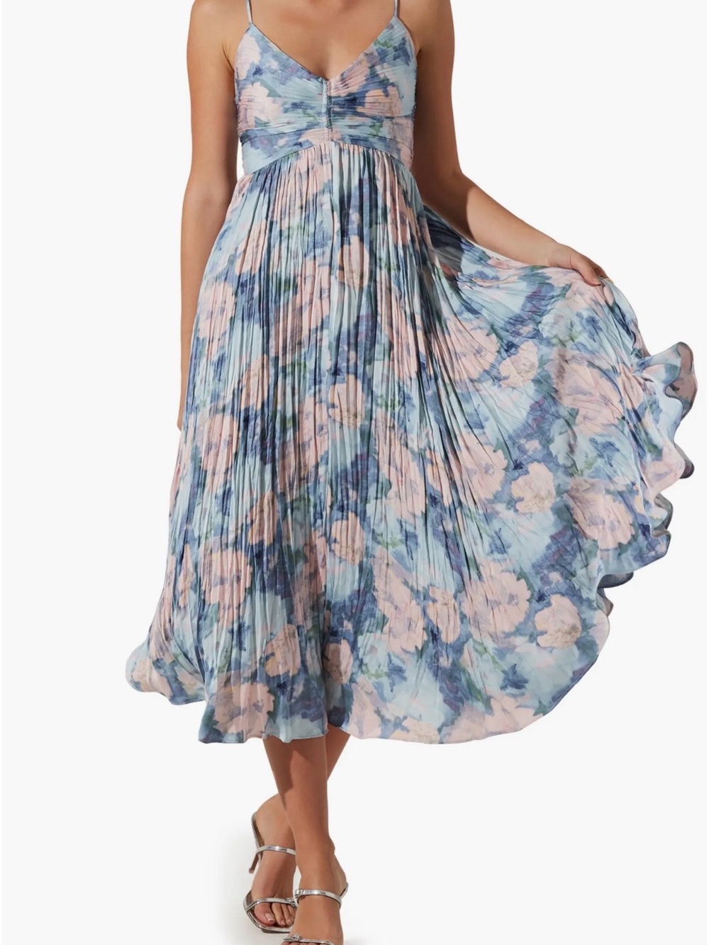 Nicole Miller Blue & Pink Pleated Floral Midi Dress